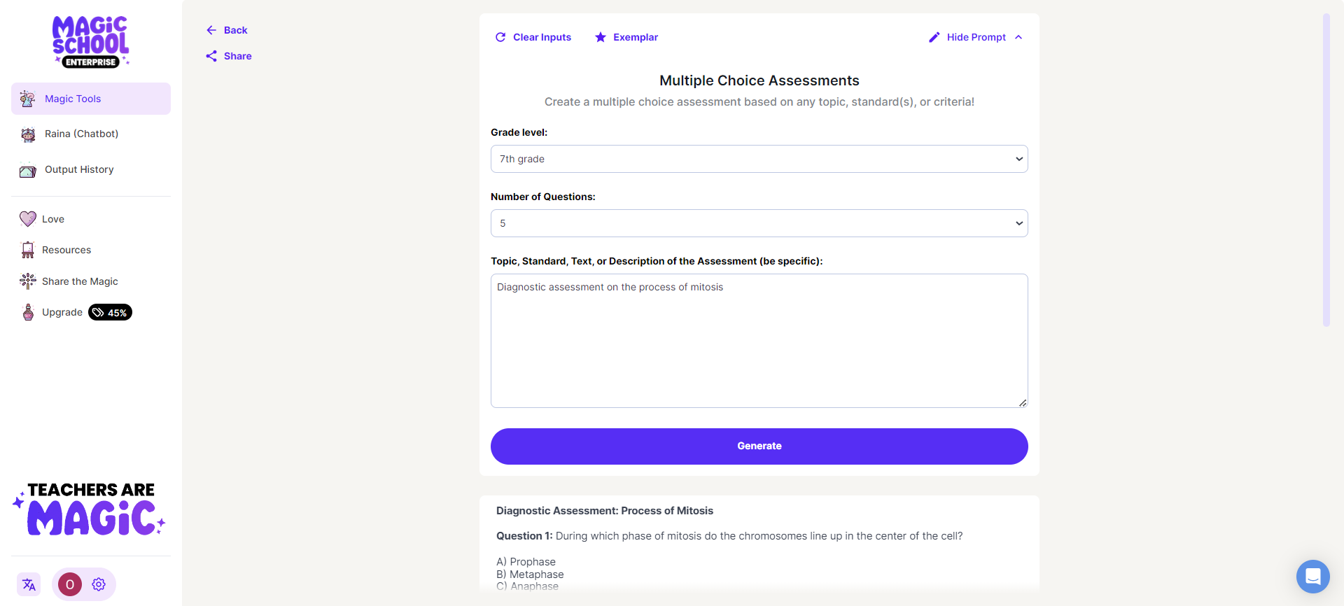 The Exemplar for the Multiple Choice Assessments on the MagicSchool app which shows an example input and generation