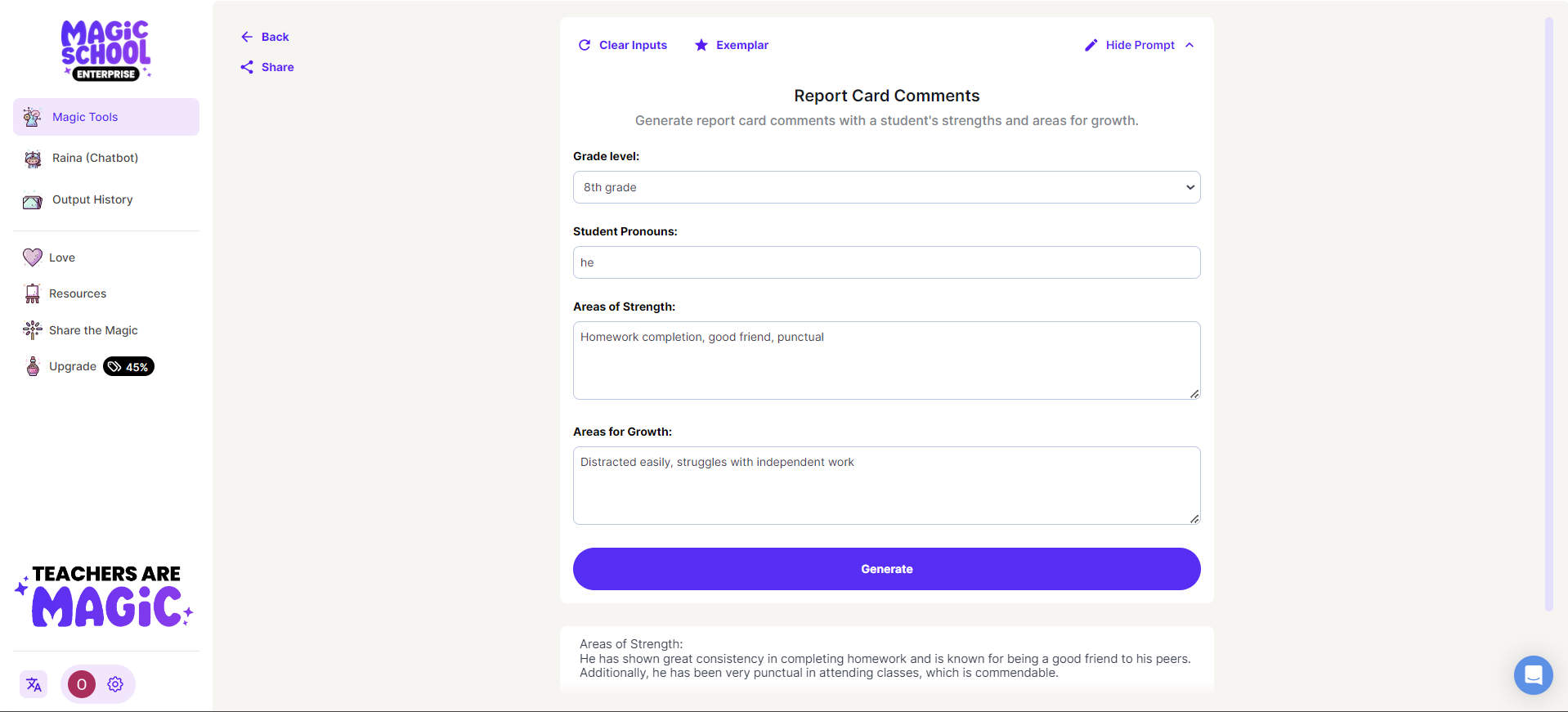 The Exemplar for the Report Card Comments on the MagicSchool app which shows an example input and generation