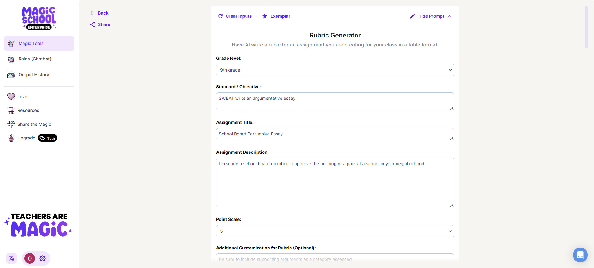 The Exemplar for the Rubric Generator on the MagicSchool app which shows an example input and generation