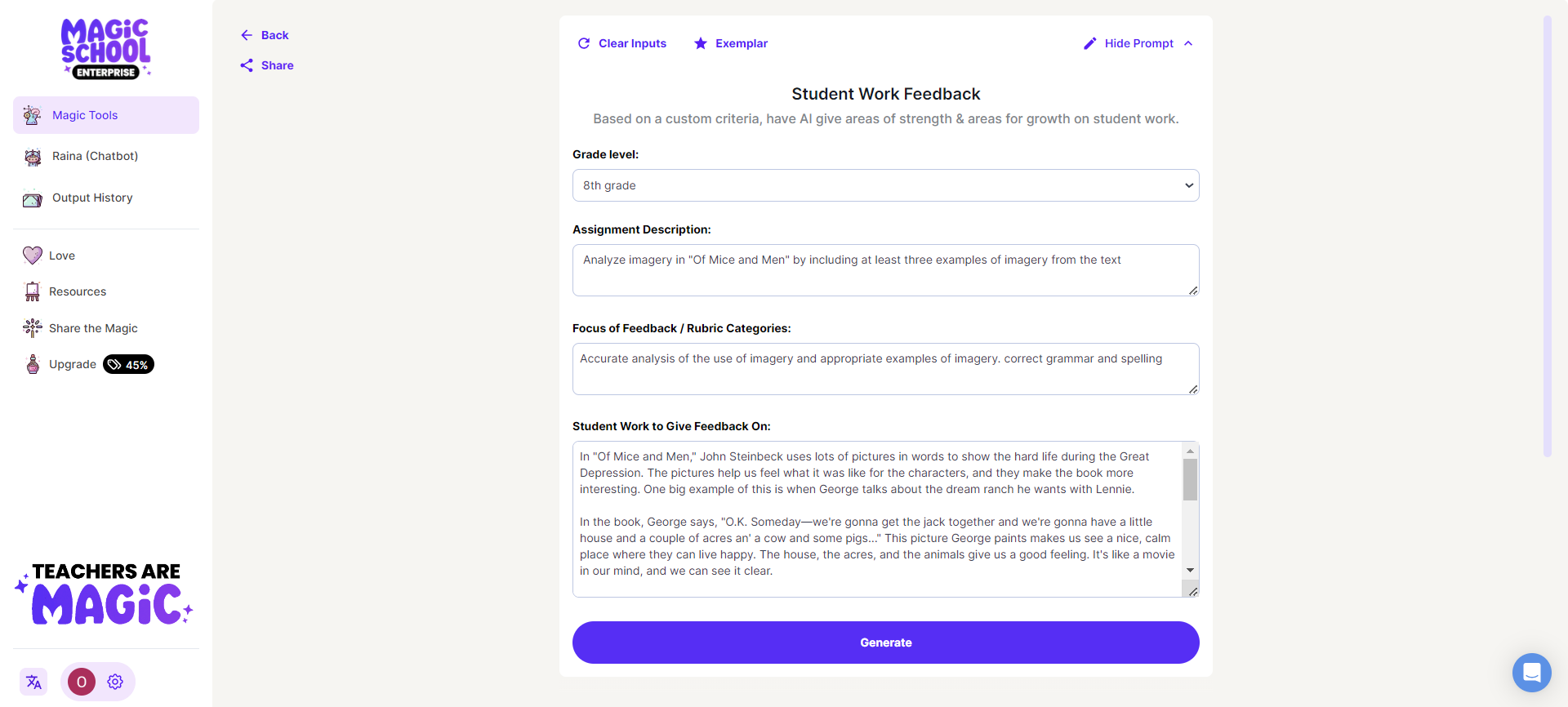 The Exemplar for the Writing Feedback Tool on the MagicSchool app which shows an example input and generation