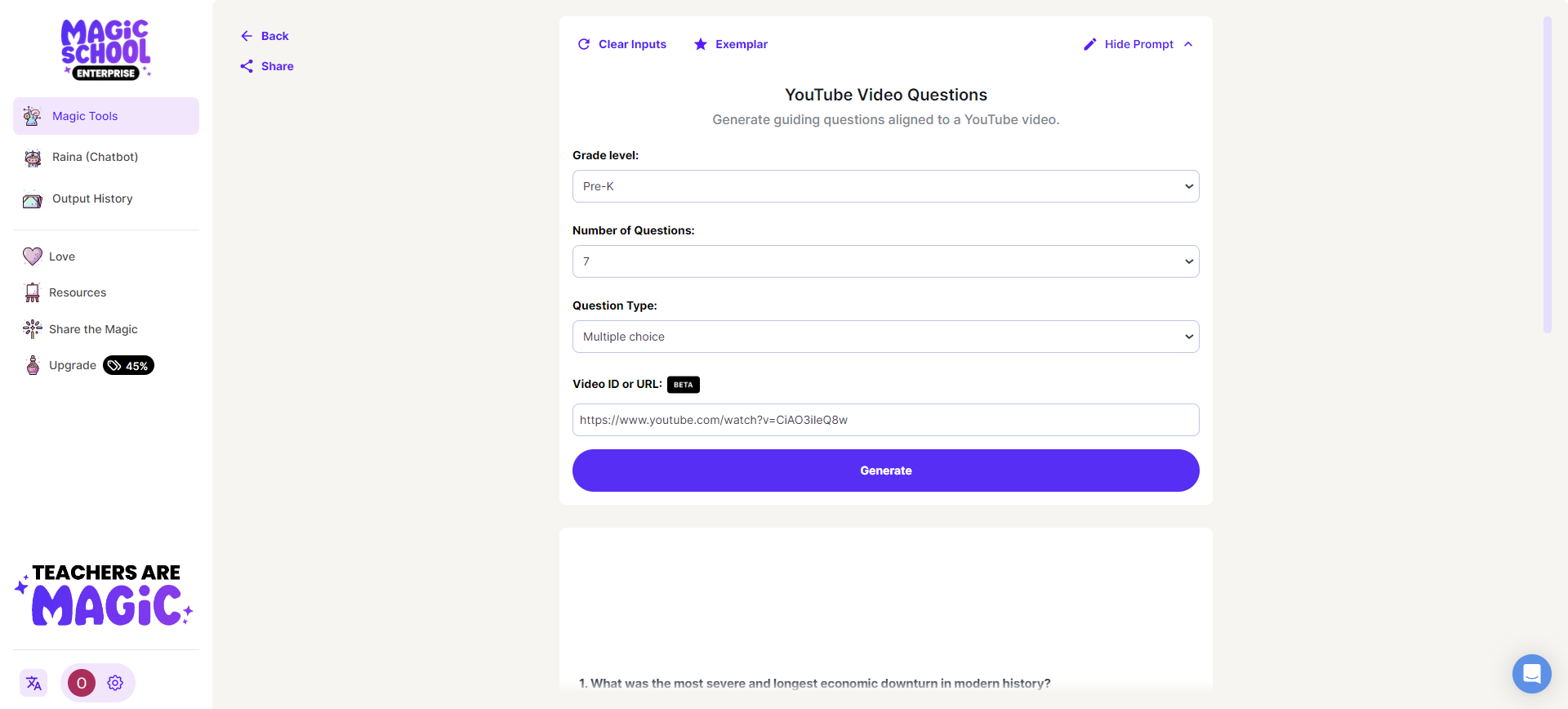 The Exemplar for the YouTube Video Question Generator on the MagicSchool app which shows an example input and generation