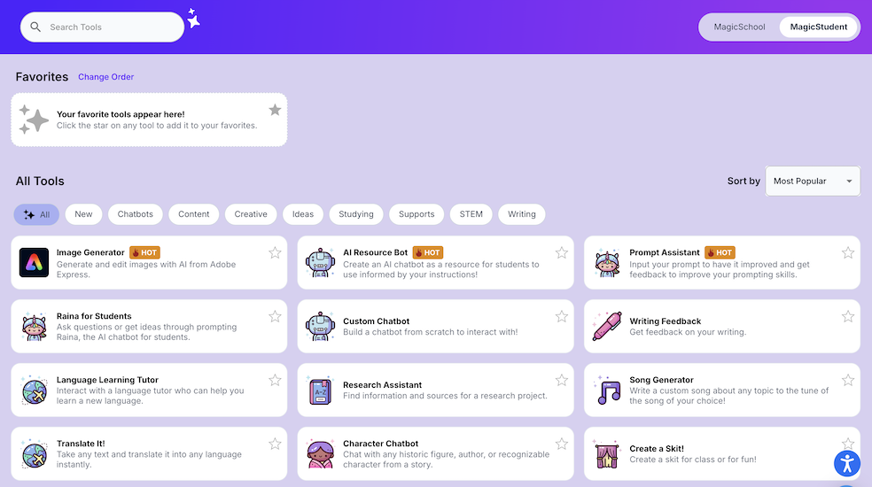 Screenshot of MagicSchool for Students UI with 50+ tools