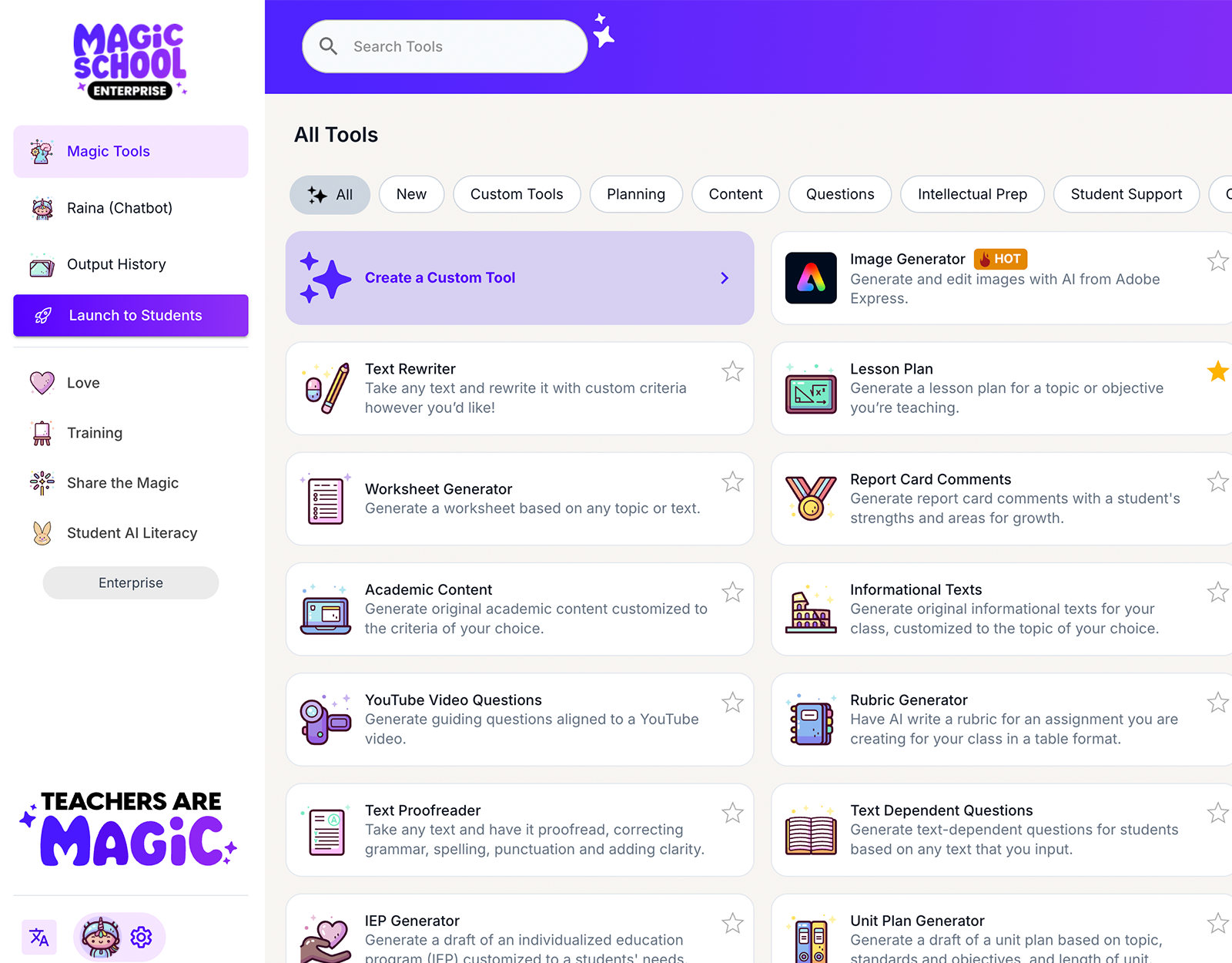 screenshot of MagicSchool tools dashboard