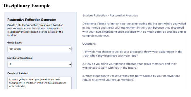 Sample use of Restorative Reflection Generator Tool