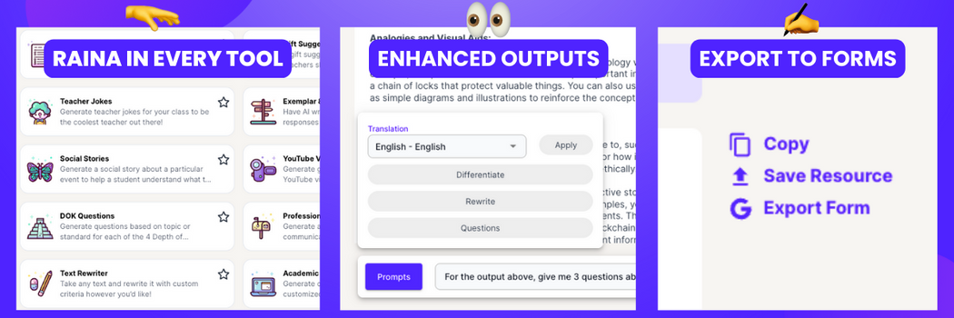 Examples of new features including Raina in every tool, enhanced outputs, and export to forms