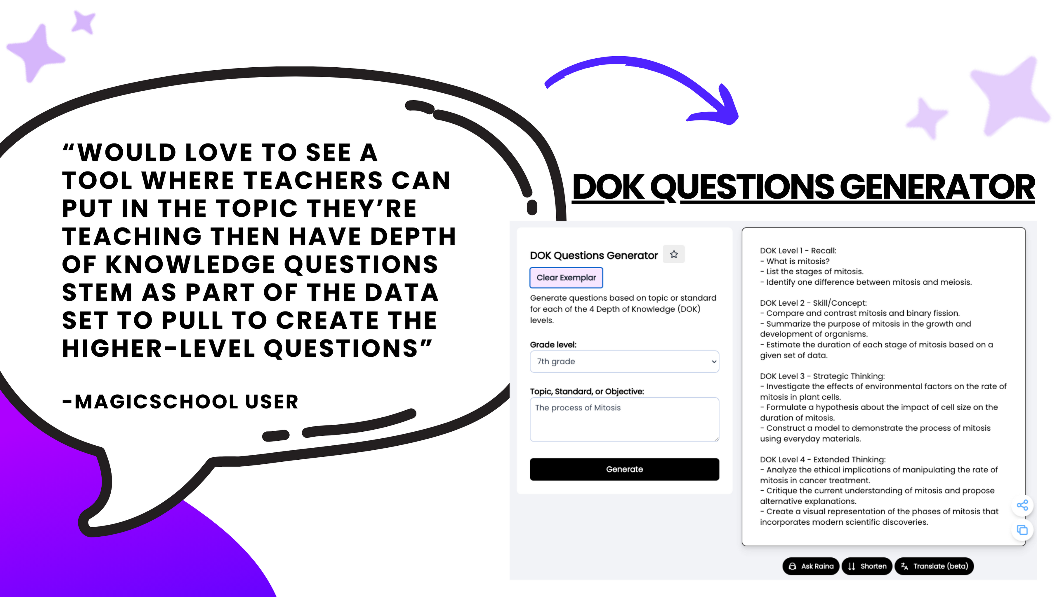 An example generation of the DOK Questions Generator and a quote by a MagicSchool user