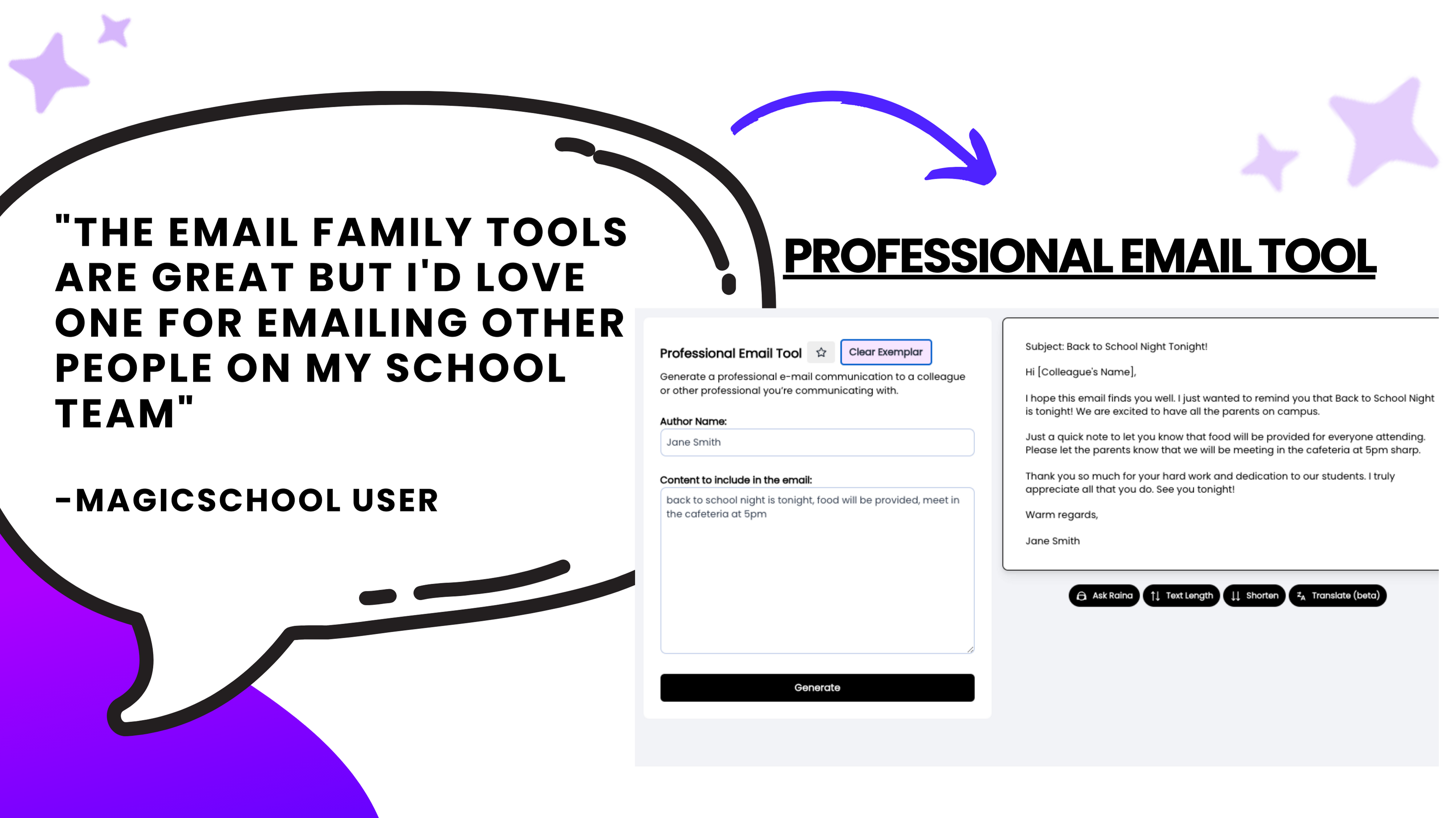 An example generation of the Professional Email Tool and a quote by a MagicSchool user