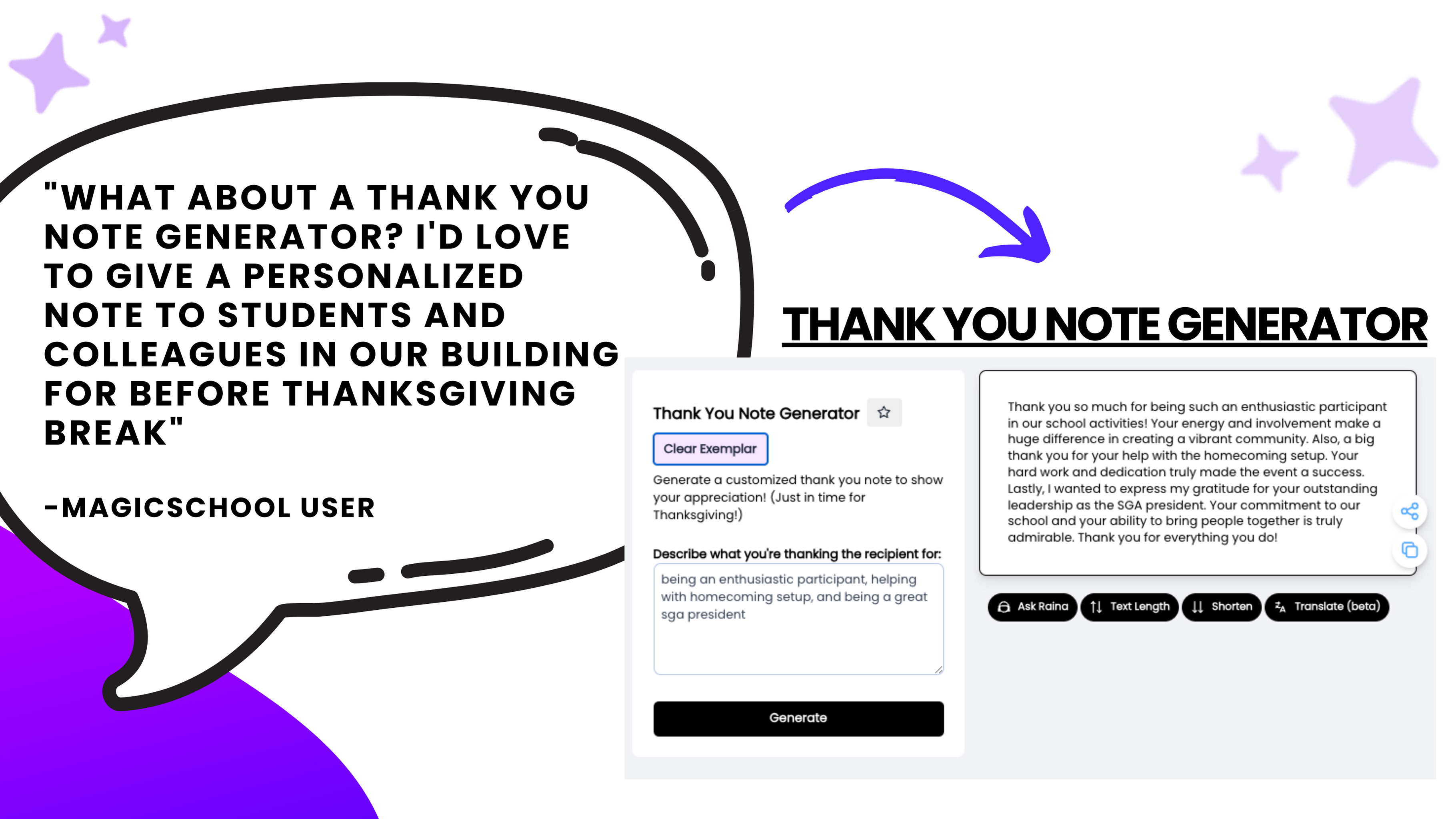 Image showing user feedback and the Thank You Note Generator AI Tool for educators