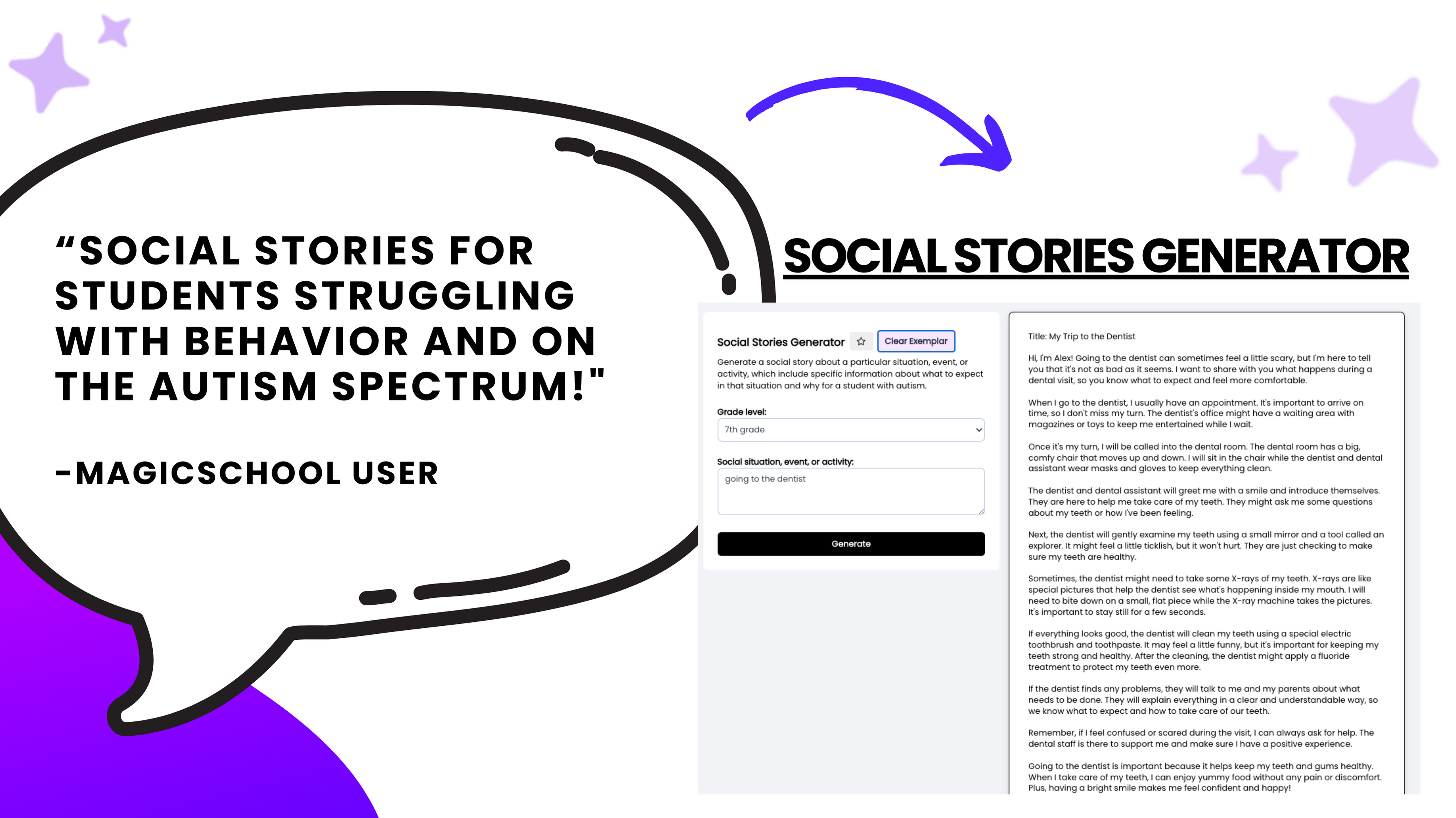 An example generation of the Social Stories Generator and a quote by a MagicSchool user