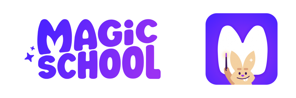 The new MagicSchool logo with slanted letters in a blue and purple gradient. And a socials logo with an M and the MagicSchool bunny