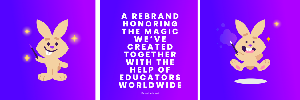 Two versions of MagicSchools new mascot, a bunny. One is standing and the other is jumping