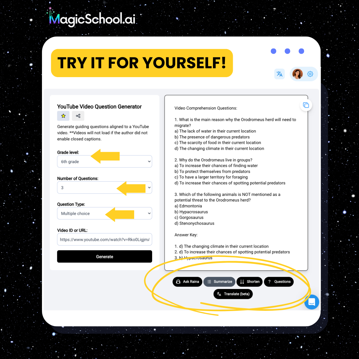 Demo of YouTube Video Question Generator turning a video link into a set of questions for students.