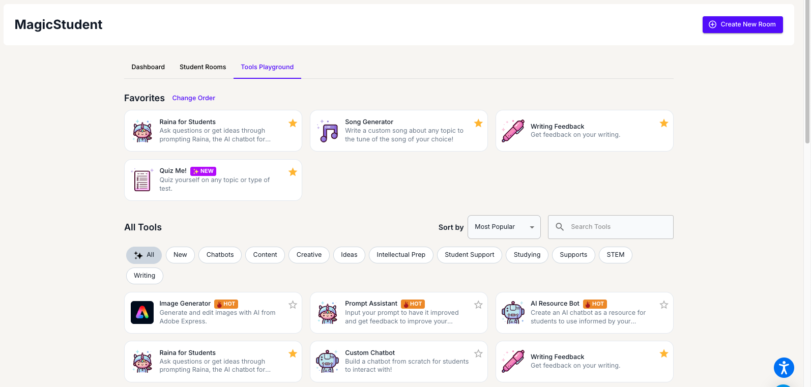 Screenshot of MagicStudent user interface showing the new Tools Playground