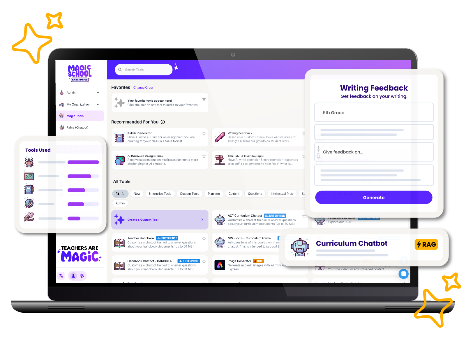 Laptop with MagicSchool app and stylized snippets of MagicSchool tools