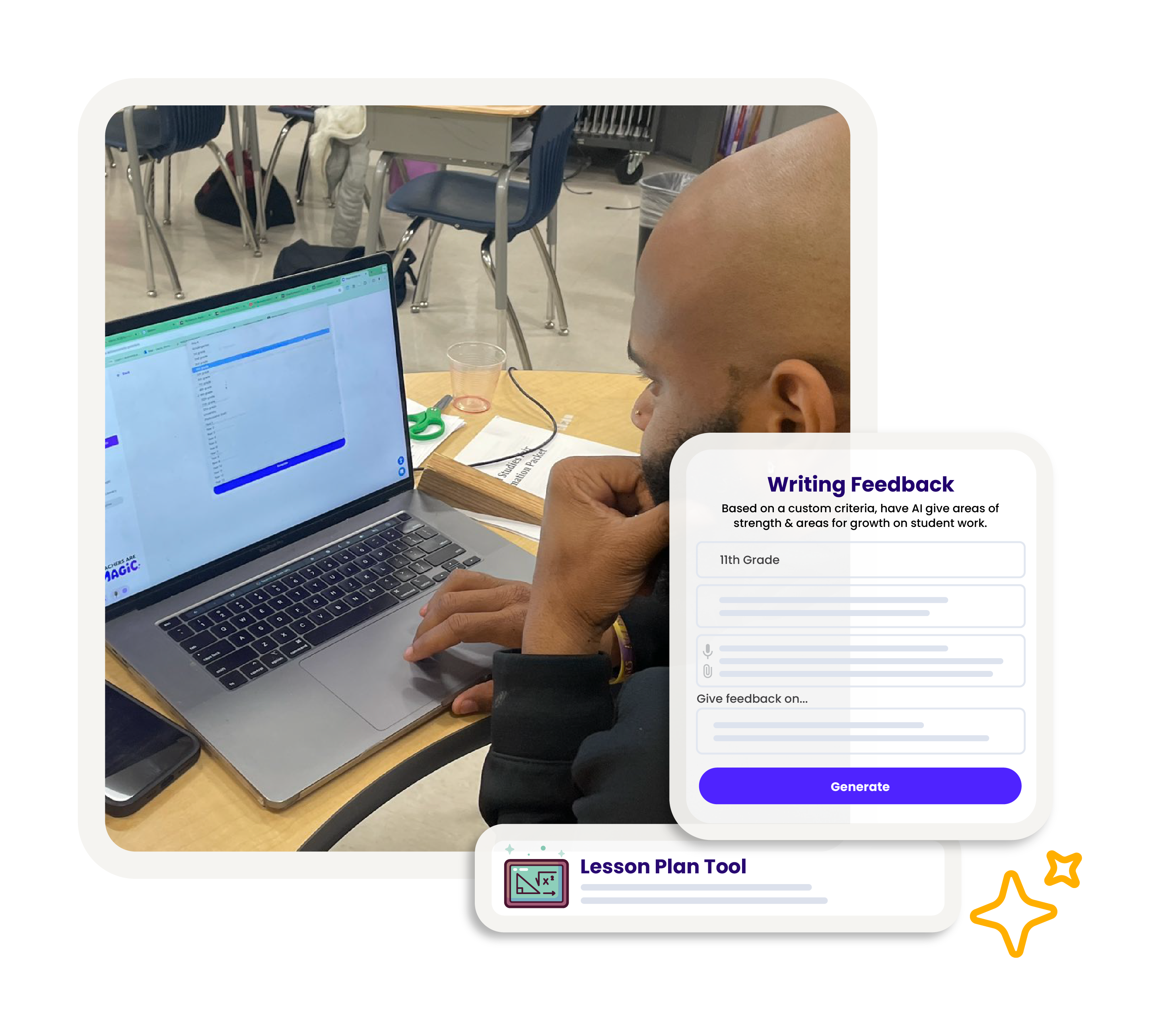 male teacher sitting at desk using MagicSchool on laptop