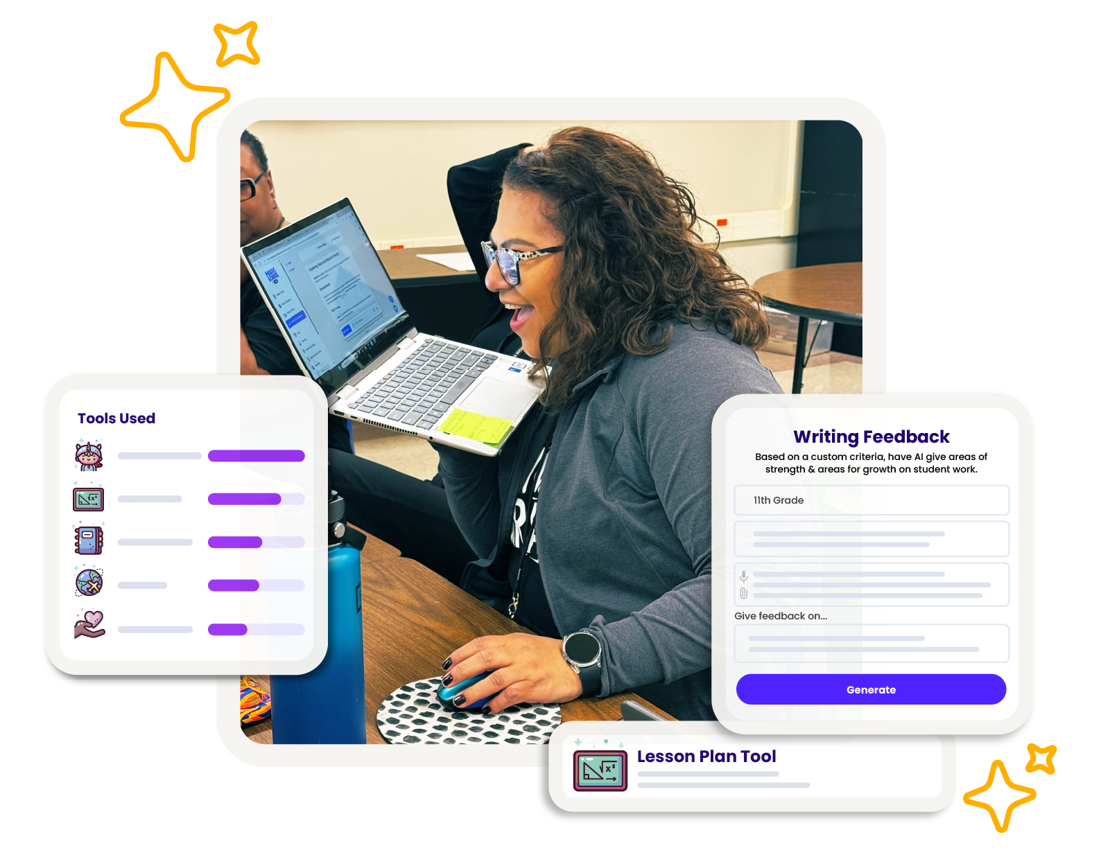 Laptop with MagicSchool app and stylized snippets of MagicSchool tools