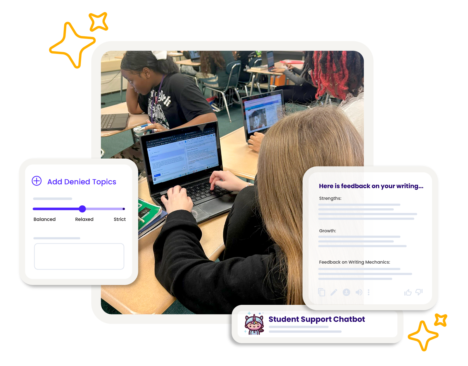 Laptop with MagicSchool app and stylized snippets of MagicSchool tools